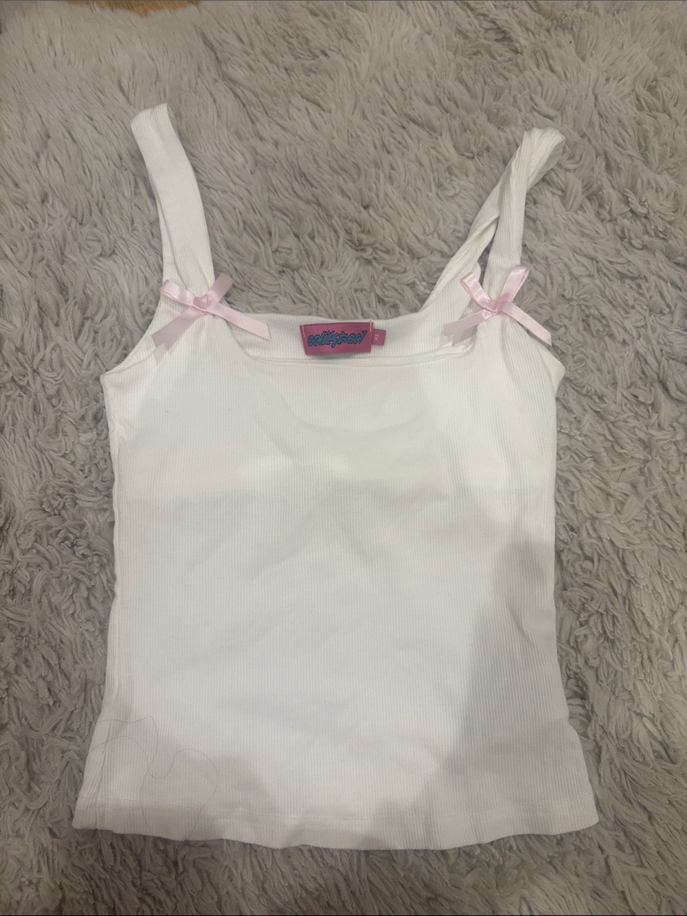 Edikted White Ribbed Camisole with Pink Bow Straps